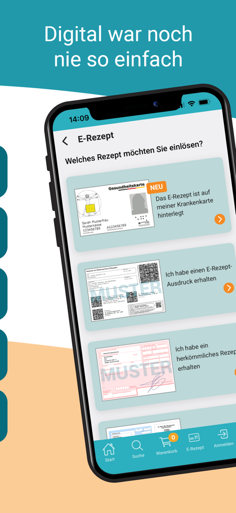 Interfaz de la aplicación Medikamente-per-klick para seleccionar la tarjeta sanitaria digital o el canje de receta en papel