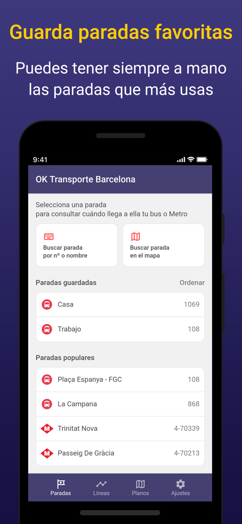 Barcelona Bus Metro Transporte - Interfaccia dell'app Barcellona Autobus Metro che mostra le fermate di trasporto salvate e popolari per un facile accesso.