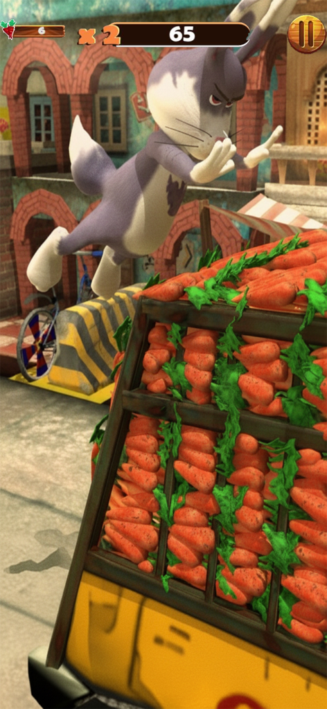 Bunny Street Runner Dash 3D - A grey bunny character jumping over a cart full of carrots in a street runner game environment.