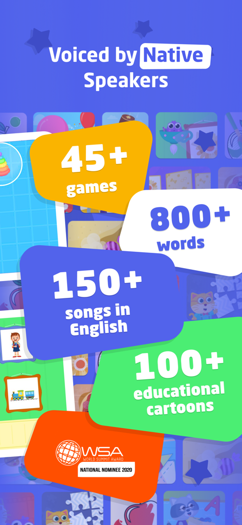 English for Kids: Play & Learn - App features summary showing over 45 games 800 words 150 songs and 100 cartoons voiced by native speakers
