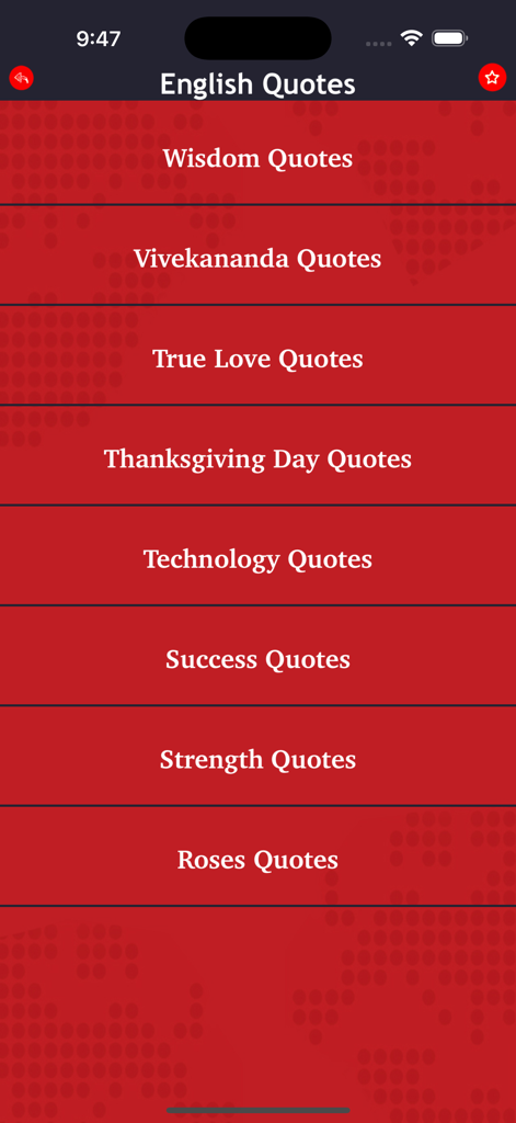 Love Status - Romantic Quotes - Menu listing English quote categories like Wisdom True Love and Success