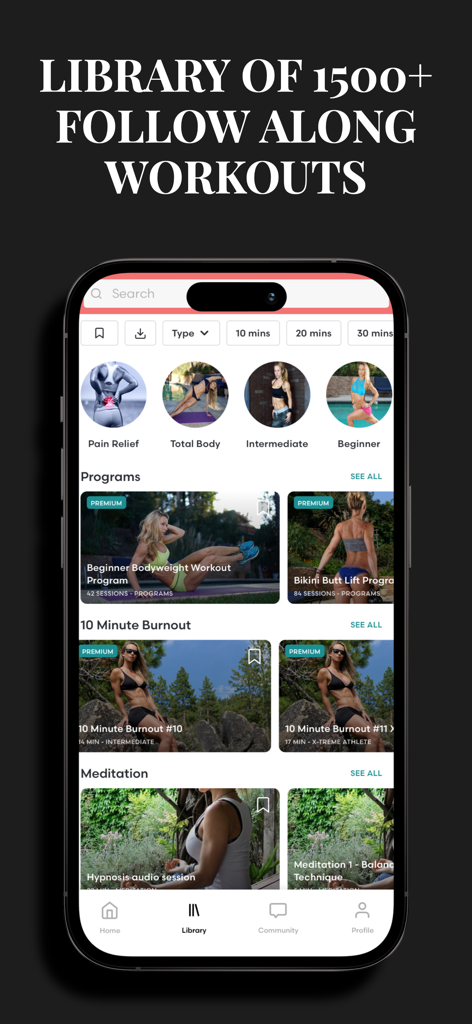 ZGYM - A mobile app interface displaying a library of over 1500 follow-along workouts including strength training and meditation programs