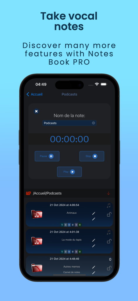 Notes Book PRO - A smartphone screen displaying the voice recording interface and organized note folders in the Notes Book PRO app.