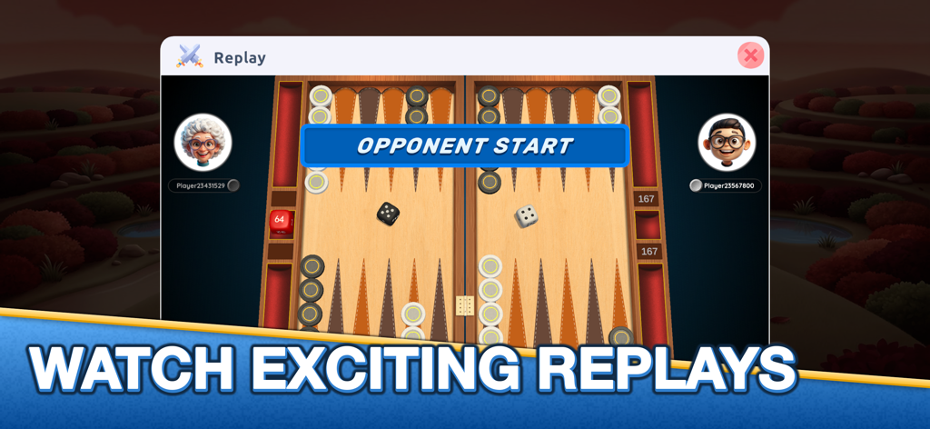 Ein Screenshot der Wiedergabefunktion in Backgammon Mint, der ein Spielbrett und Spieler-Avatare zeigt.