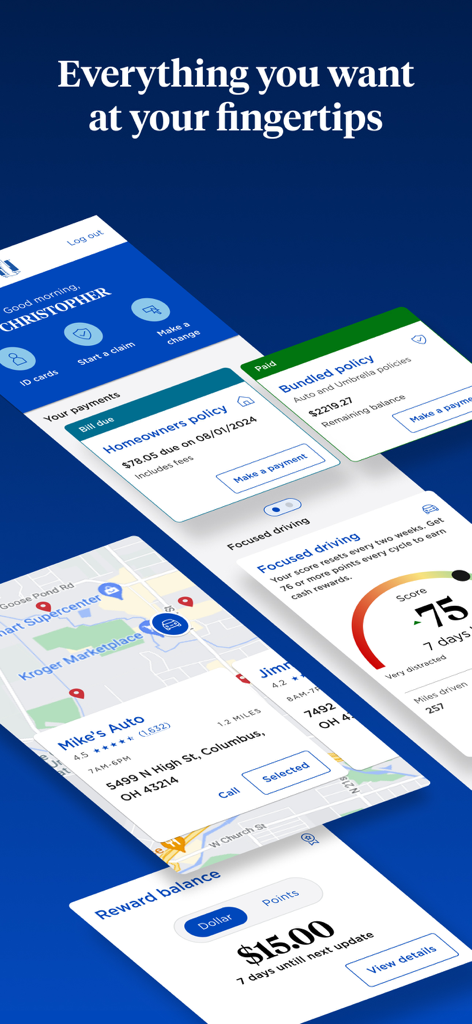 Interface do aplicativo Nationwide Mobile exibindo detalhes da apólice, opções de pagamento, pontuações de direção e recompensas