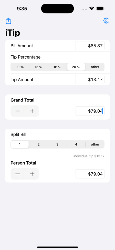 iTip Calc by PalaSoftware - iTip Calcアプリのスクリーンショット。請求額、チップ率の選択、および割り勘機能が表示されています。