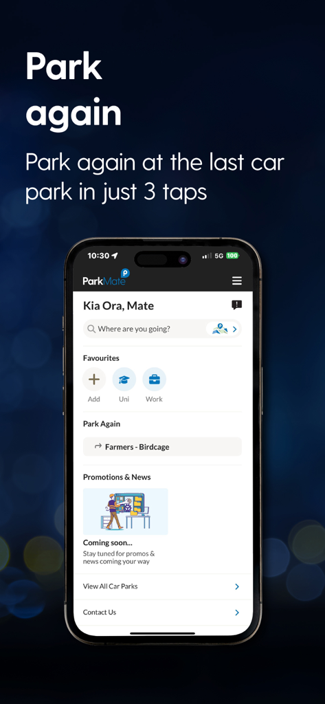 ParkMate NZ app interface showing the Park Again feature and favorite parking locations