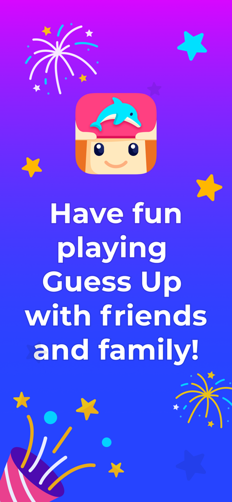 Charades for Kids - Guess Up - Guess Up Kidsジェスチャーゲームのプロモーション画面。お祝いムードの背景に、友達や家族と遊ぼうという招待状が表示されています。