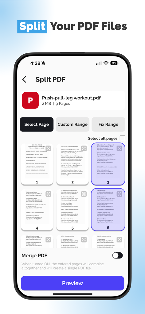 PDF Converter - All Documents - Interfaz de una aplicación convertidora de PDF que muestra la función de dividir PDF con varias páginas de documentos seleccionadas para su extracción.