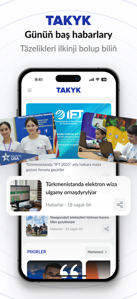 Takyk news application interface showing current events and news feed on an iPhone