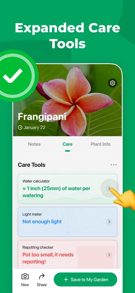 PictureThis 앱 화면에서 플루메리아에 대한 물 계산기 및 조도계와 같은 식물 관리 도구를 보여주는 모습