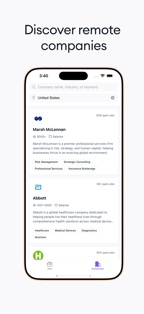 Interfaz móvil de la aplicación Himalayas que muestra perfiles de empresas remotas y filtros de búsqueda para solicitantes de empleo.