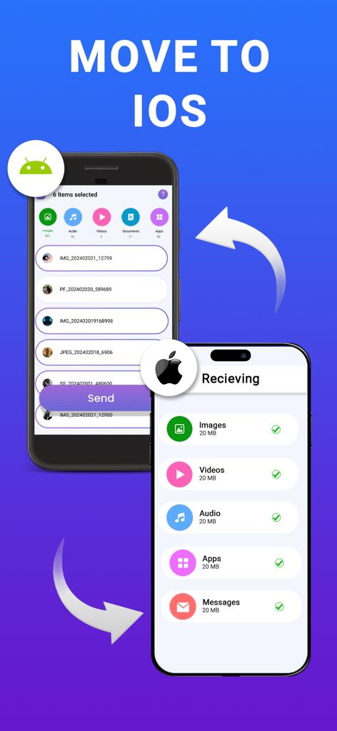Smart Switch: Copy my data - Android 기기에서 iPhone으로 데이터 전송을 시각적으로 표현한 이미지, 수신되는 이미지, 동영상, 메시지 목록 포함
