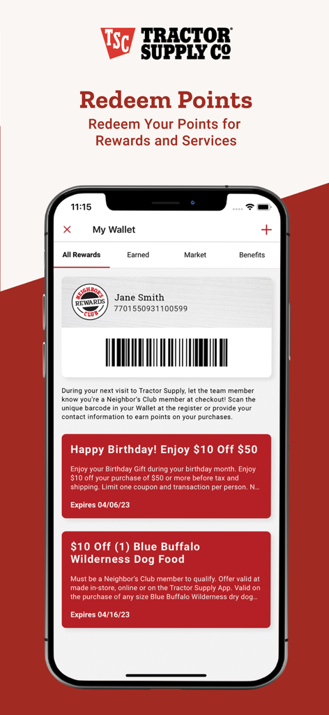 Tractor Supply - A tela Meu Wallet do aplicativo Tractor Supply mostrando um código de barras de recompensas do Neighbor's Club e cupons de desconto para membros.