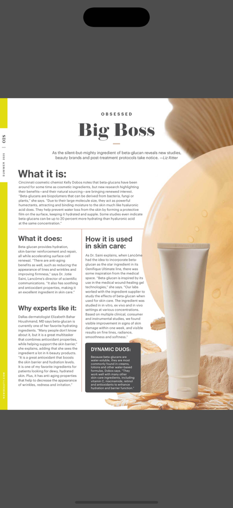 NewBeauty Magazine - A digital magazine page from NewBeauty about beta glucan in skincare with expert analysis and product imagery