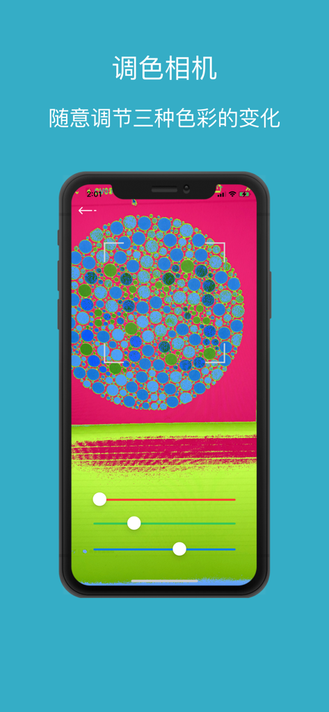 色盲色弱自检 - A smartphone screen displaying a tuning camera with sliders to adjust RGB colors for a color vision test plate.