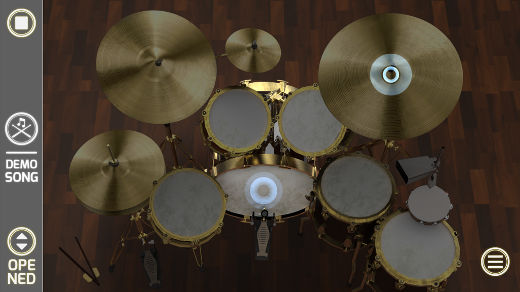 A top-down view of a realistic virtual drum kit simulator with cymbals and drums on a wood floor background.