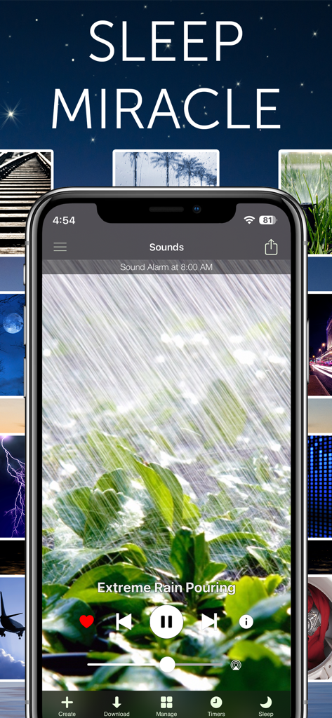 White Noise - White Noise app on an iPhone showing the extreme rain pouring soundscape and sleep miracle headline