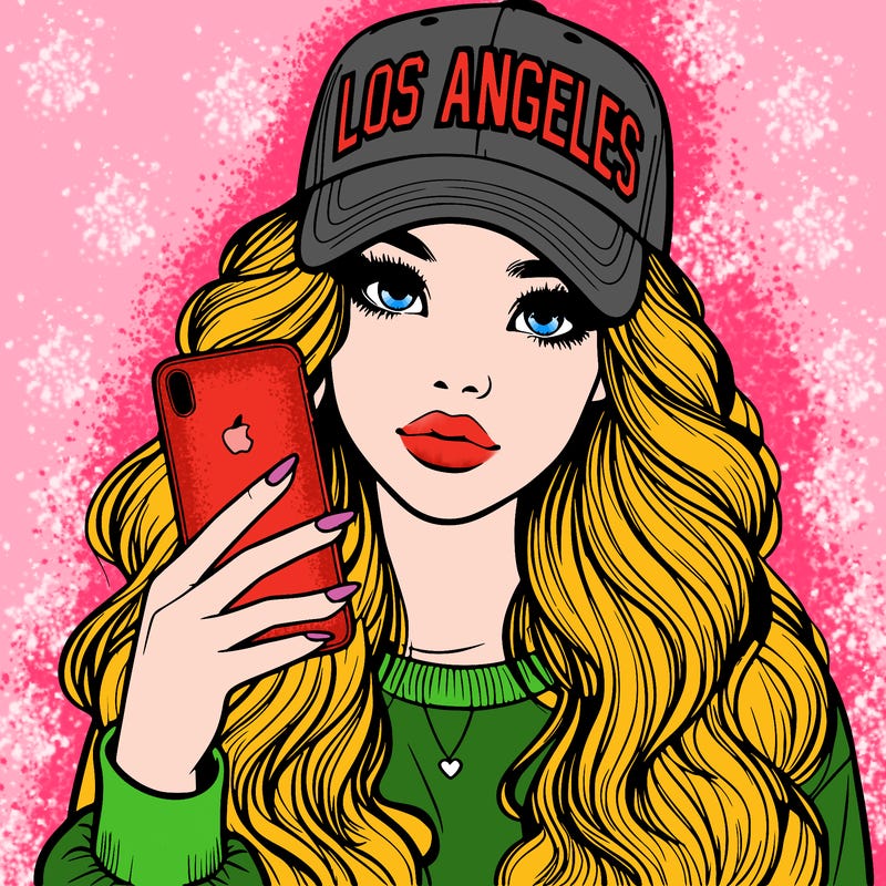 realistic beautiful girl wearing los ángeles cap holding an iphone