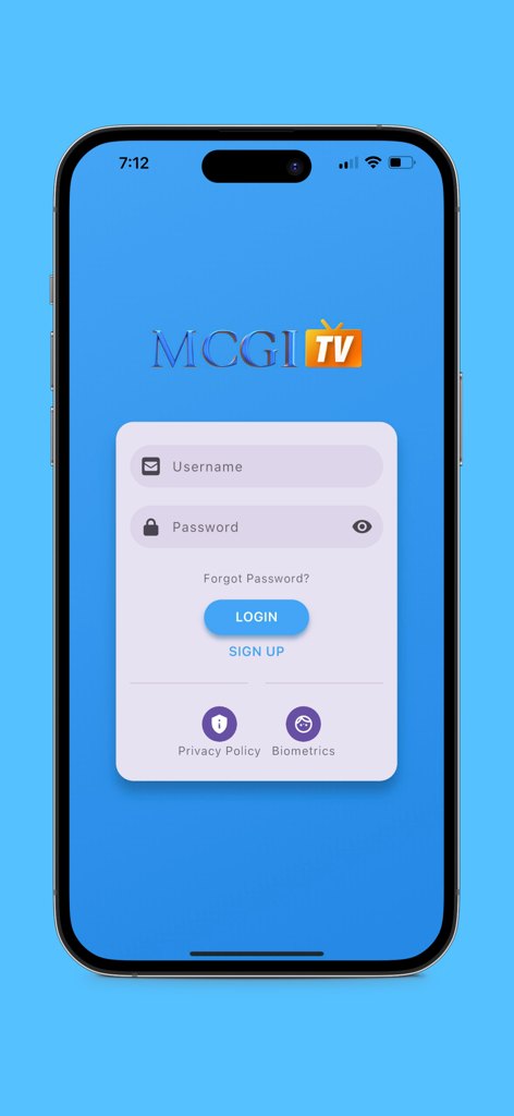 MCGI TV - MCGI TV app login screen showing username and password fields with options for sign up and biometric login