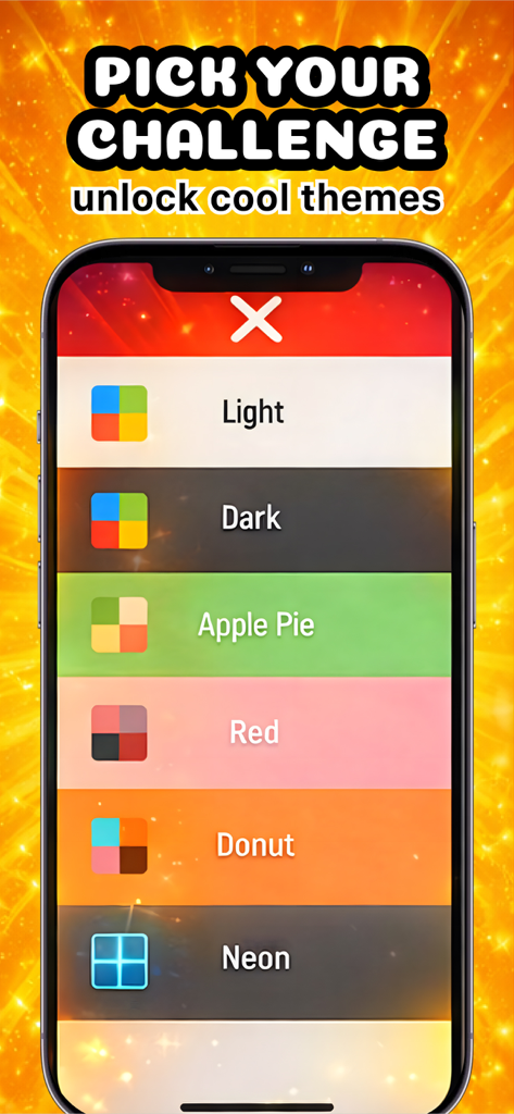 Buttons • Reaction time Game - A mobile phone displaying a list of unlockable colorful themes for the Buttons reaction time game