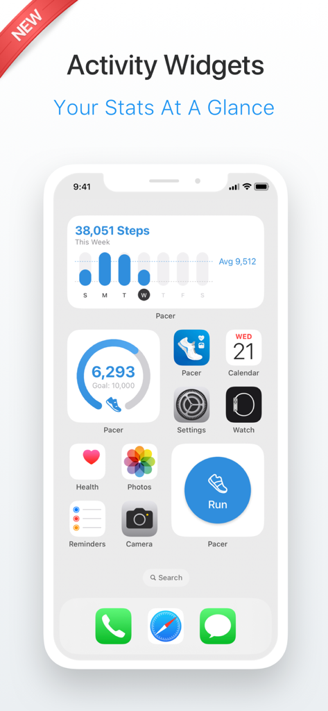 iPhone home screen with Pacer activity widgets showing daily and weekly step counts