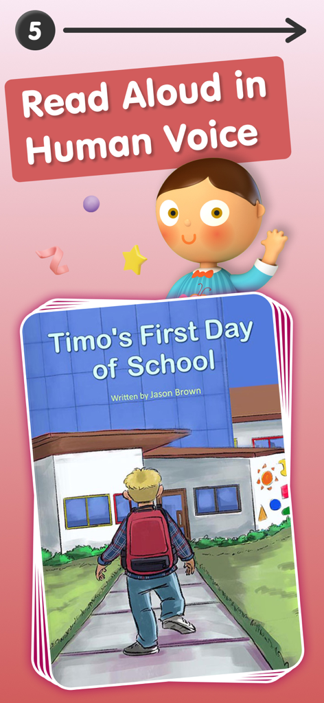 Screenshot of Bedtime Stories Books for Kids app highlighting the human voice read-along feature with an illustrated storybook cover.