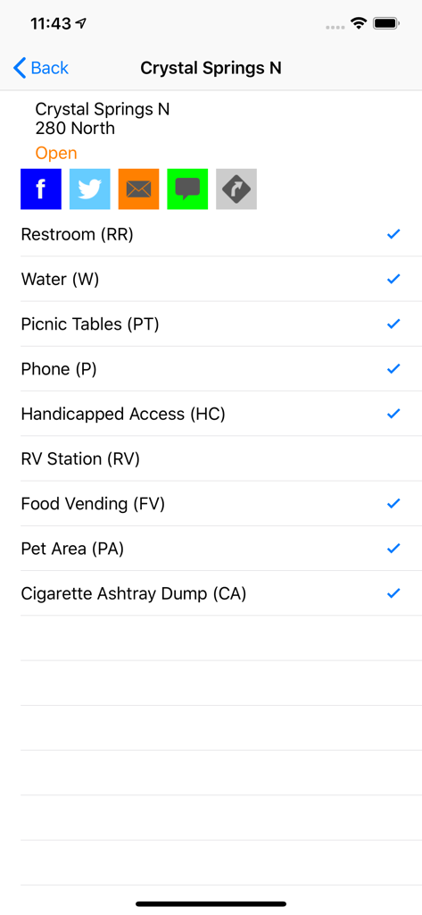 California Road Report - Crystal Springs North rest stop amenity list in the California Road Report app showing available facilities like restrooms and picnic tables