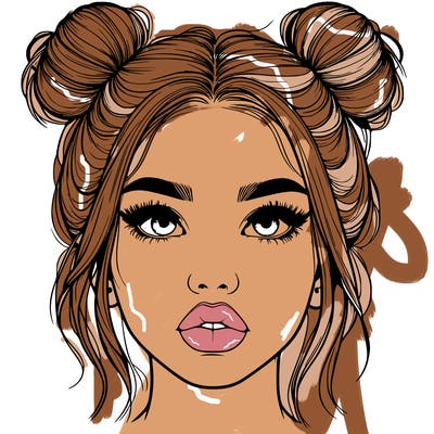 realistic girl with two buns on her hair and lips