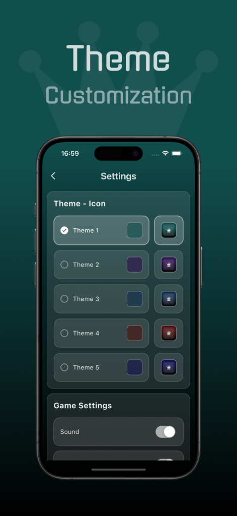 N-Queens Puzzle - Settings screen of N-Queens Puzzle app featuring five selectable color themes and game sound toggle