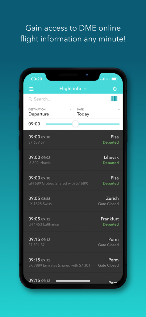 Schermata delle informazioni di volo nell'app mobile dell'Aeroporto di Mosca Domodedovo che mostra gli orari di partenza e gli stati dei voli