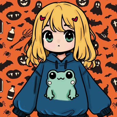 girl wearing frogging sweatshirt