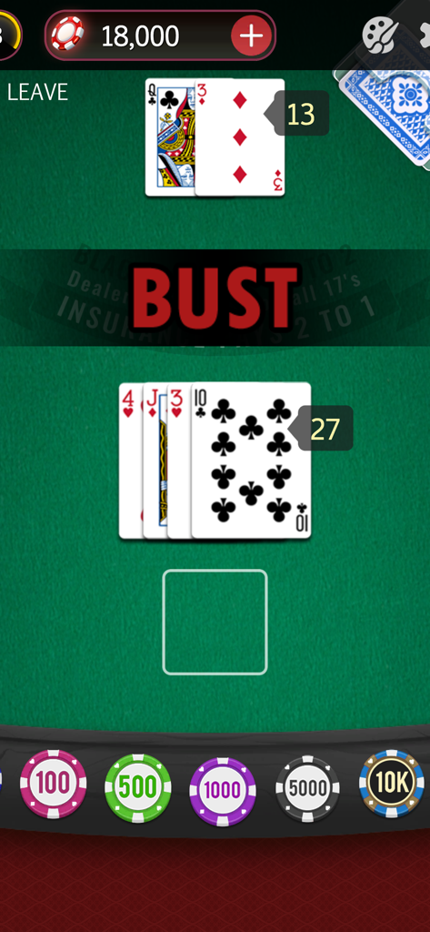 Écran de jeu de blackjack mobile montrant une main de joueur totalisant 27 et un grand message rouge 'Bust' sur une table en feutre vert