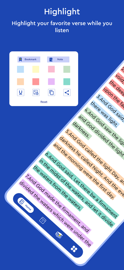 New Jerusalem Bible - NJB - Interface of the New Jerusalem Bible app showing verses highlighted in different colors with a highlight menu and study tools.