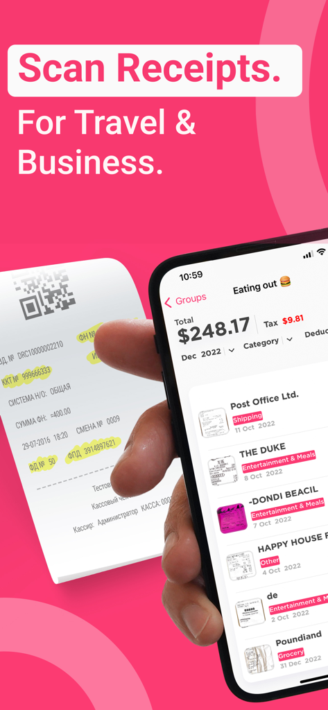 Receipt Scanner & Expense AI - iPhone showing a list of scanned receipts and expenses for business and travel