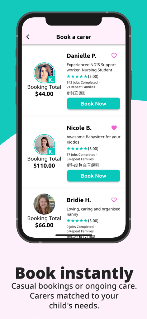 Kiddo App - Interface of Kiddo App displaying profiles of verified babysitters and NDIS carers with ratings and prices for instant booking