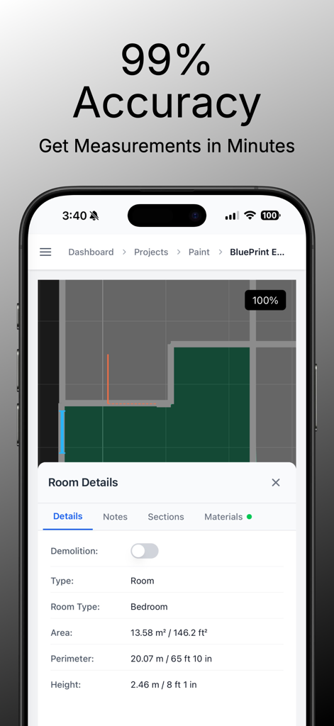 EasyEstimate - Cost Estimation - EasyEstimate app screen showing detailed room measurements including area and perimeter for a bedroom project