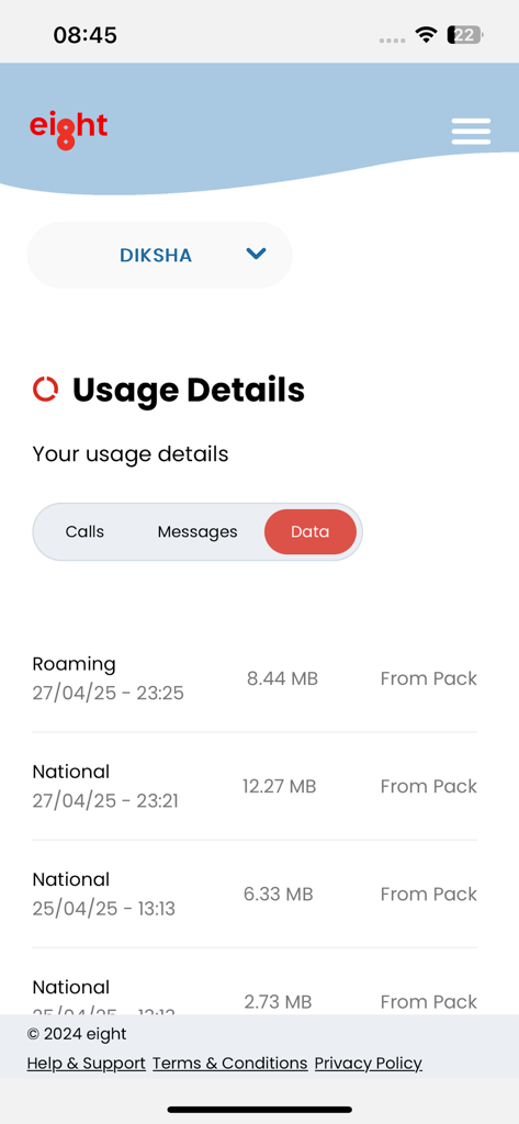 eight Telecom - Real time data usage details on the eight Telecom app showing national and roaming data consumption