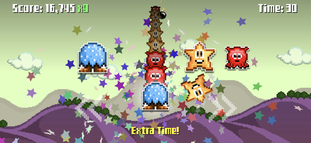 Critter Panic! - クリッターパニックのゲームプレイ画面。カラフルなキャラクターと追加時間ボーナスメッセージが表示されている。