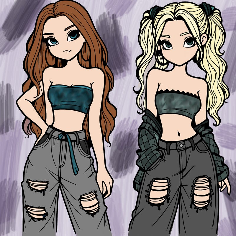 2 girls in crop tops and baggy jeans ripped