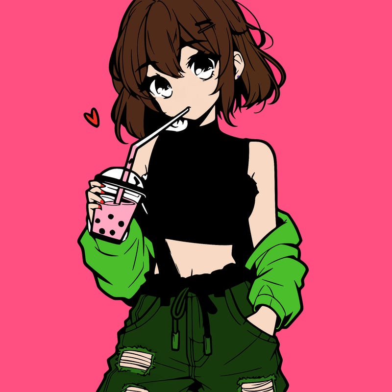 one anime teenage girl in cute top and baggy jeans and biting the boba straw