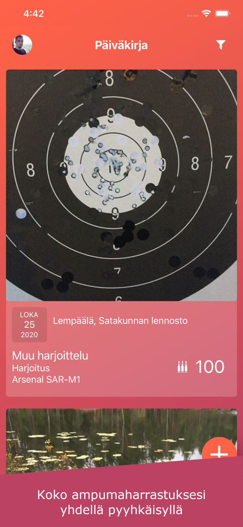 Ampuma - Ampuma app mobile interface showing a digital shooting diary entry with a practice target and training statistics.