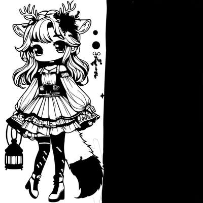 a cute cartoon character in the style of kawai, wearing a offshoulder corset and short skirt with fishnet leggings and high heels, green eyes, fluffy deer antlers, brown hair, ,fluffy dear tail,long hair, long sleeves,holding a latern, gradient, blush