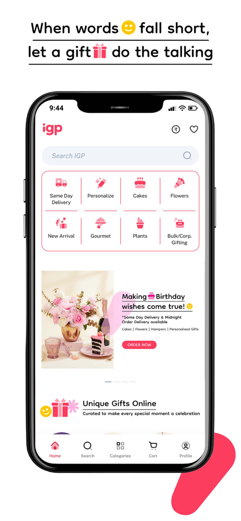 IGP mobile app home screen showing gift categories for cakes flowers and personalized items