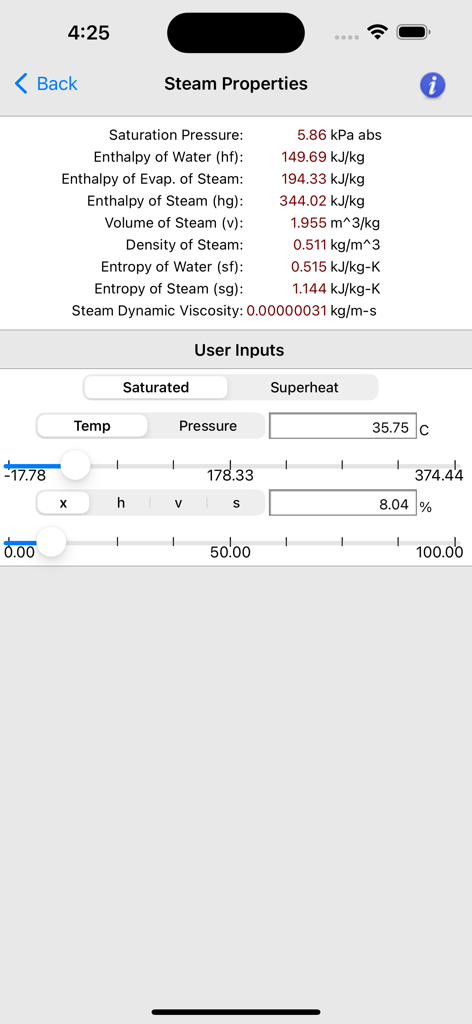 Steam Tables app interface showing calculated steam properties and interactive user input sliders for temperature and quality.