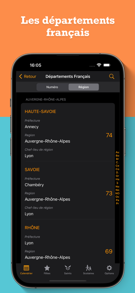France Agenda - Screenshot of the France Agenda app displaying a list of French administrative departments with their regions and prefectures