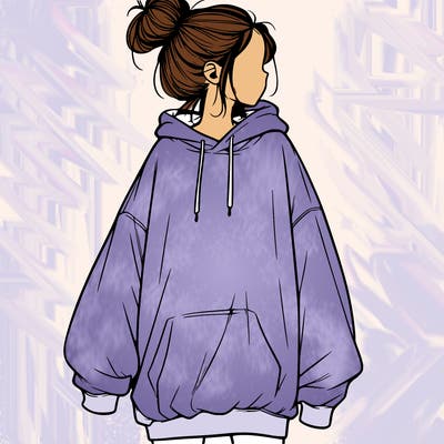 realistic girl with a oversized sweatshirt on and a bun