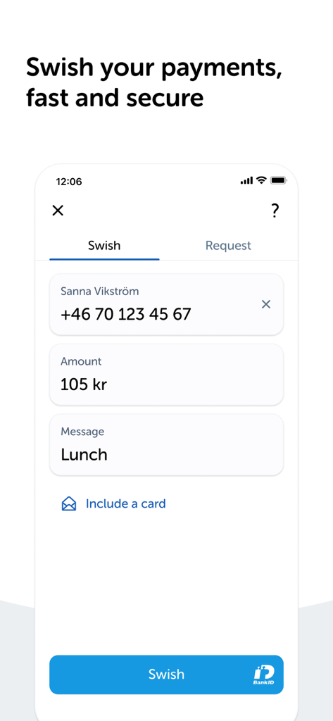 Smartphone screen showing the Swish app interface during a peer-to-peer payment for lunch.