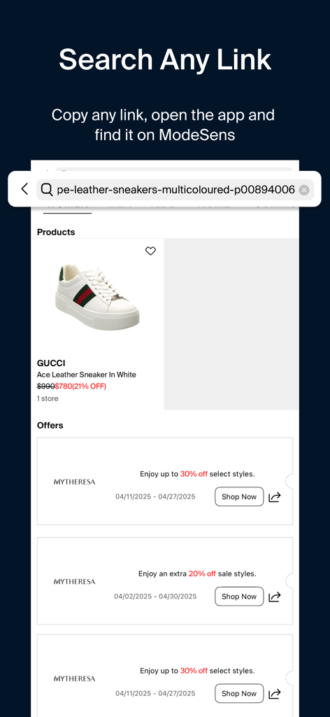ModeSens app showing the Search Any Link feature with a price comparison for Gucci sneakers