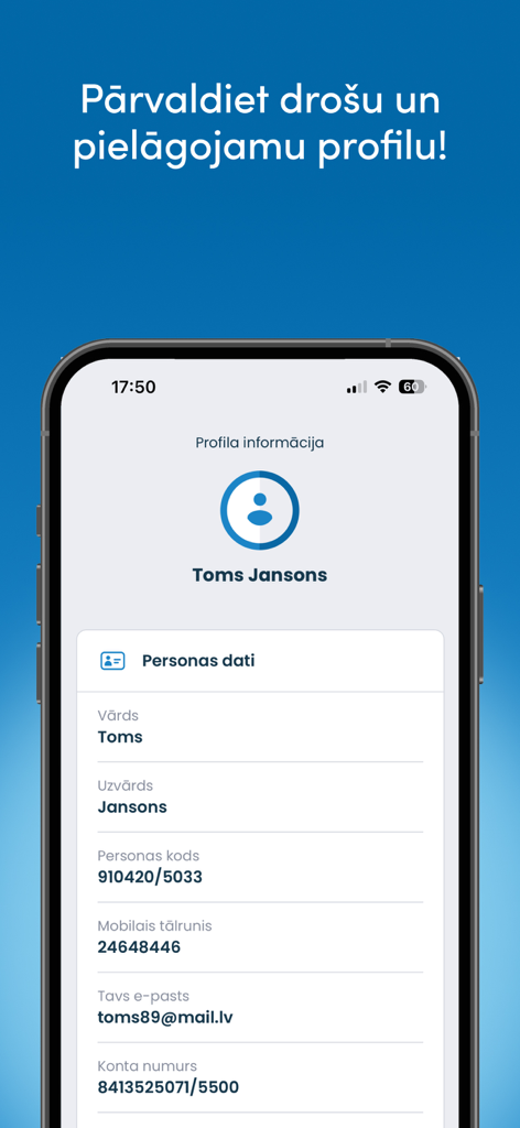 Ondo.lv mobile app personal data profile screen displaying user information